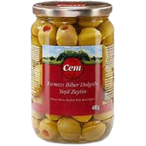 CEM YEŞİL ZEYTİN 400 GR KIRMIZI BİBER DOLGULU