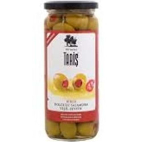 TARİŞ SALAMURA YEŞİL ZEYTİN 485 GR BİBER DOLGULU